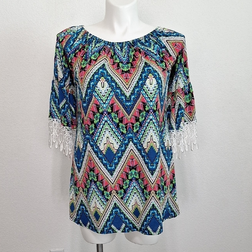 WinWin Boho Southwestern Wide Bell Sleeve Bohemian Lace Trim Tunic Top Size L-XL